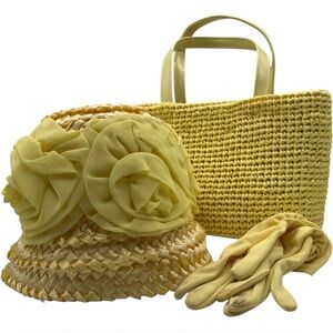 Vintage MidCentury Yellow Matching Woven Raffia Cloche Hat Purse Handbag Gloves